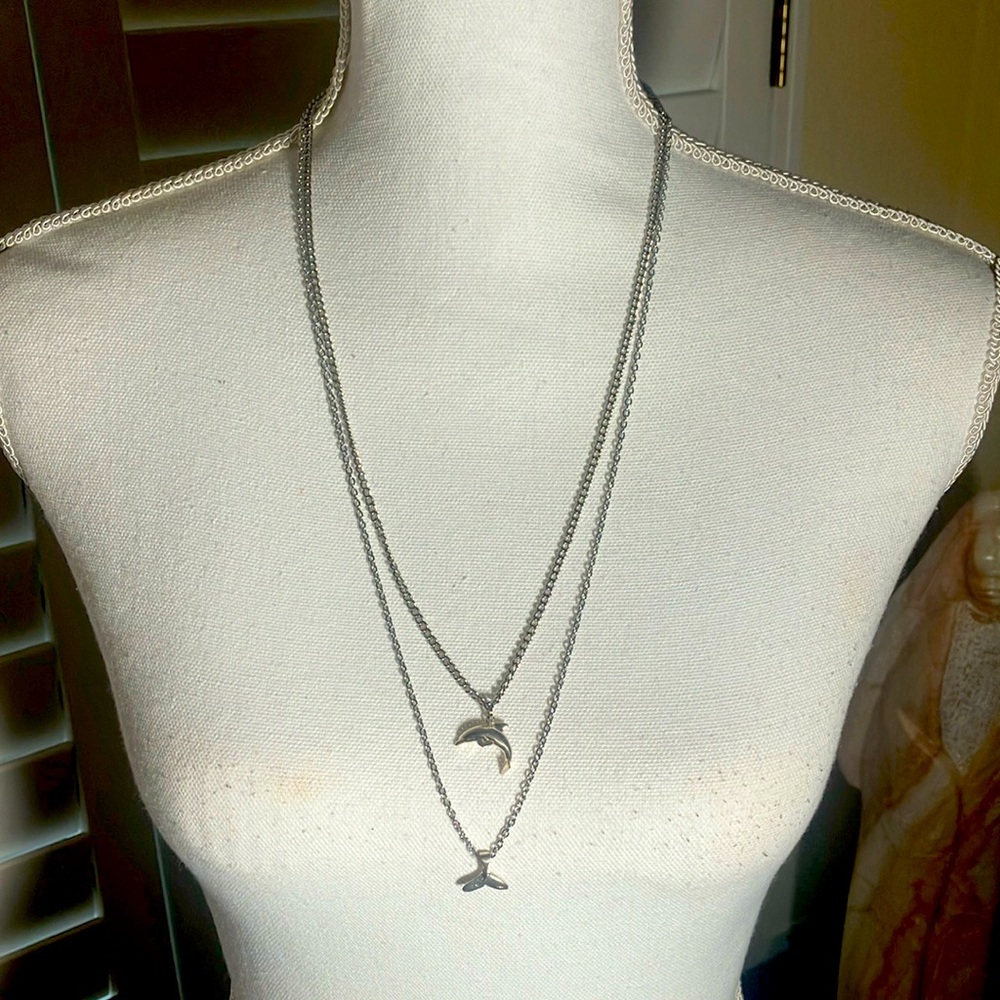🩶🐳🐋Vintage Silver/Sterling Dolphin and Whale Tail Necklaces 24” & 28” Unisex